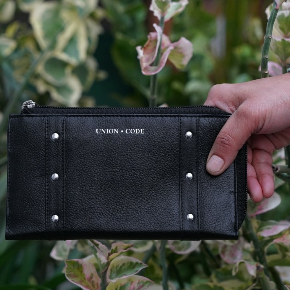 NWT Union Code Black Genuine Leather RFID Wallet with Silver Studs